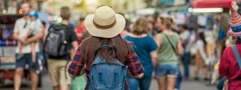 Back side of Young Asian traveling women walking and looking in Khaosan Road