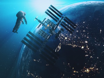 ISS astronaut in outer cosmos Earth background
