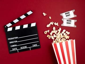 Movie clapperboard and cinema tickets. Home movie night, party invitation