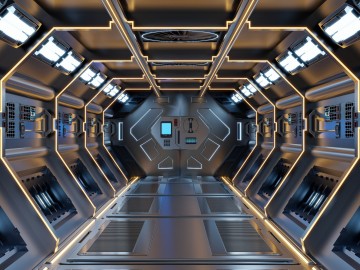 Science background fiction interior rendering sci-fi spaceship corridors yellow light.