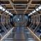 Science background fiction interior rendering sci-fi spaceship corridors yellow light.